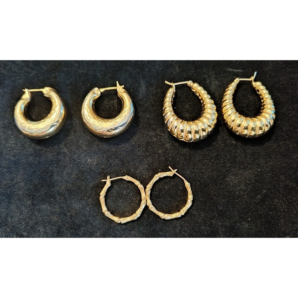 Vintage Monet Gold-Tone Hoop Earrings Etched Bamboo Scalloped (3) pairs EXC